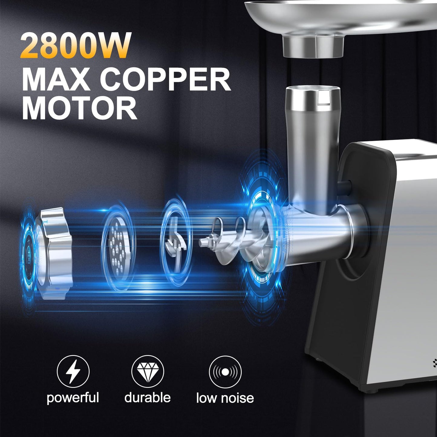 XFCNIKOU Electric Meat Grinder, 2800W Max Sausage Stuffer,Stainless Steel Meat Mincer With 2 Blades, 3 Plates, Sausage Tube And Kubbe Kit For Home Kitchen Use