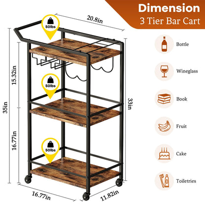 LOTEYIKE 3 Tier Bar Cart, Mini Liquor Utility Cart for Wine Beverage Dinner Party, Rolling Wine Coffee Drink Serving Cart with Lockable Wheels for Home Kitchen Bars (Rustic Brown)