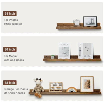 Fun Memories Picture Ledge Shelf for Wall, 48 inch Pine Wood Nursery Book Shelves Set of 2- Wall Book Shelves for Kids Room, Home Decor - Kitchen Spice-Carbonized