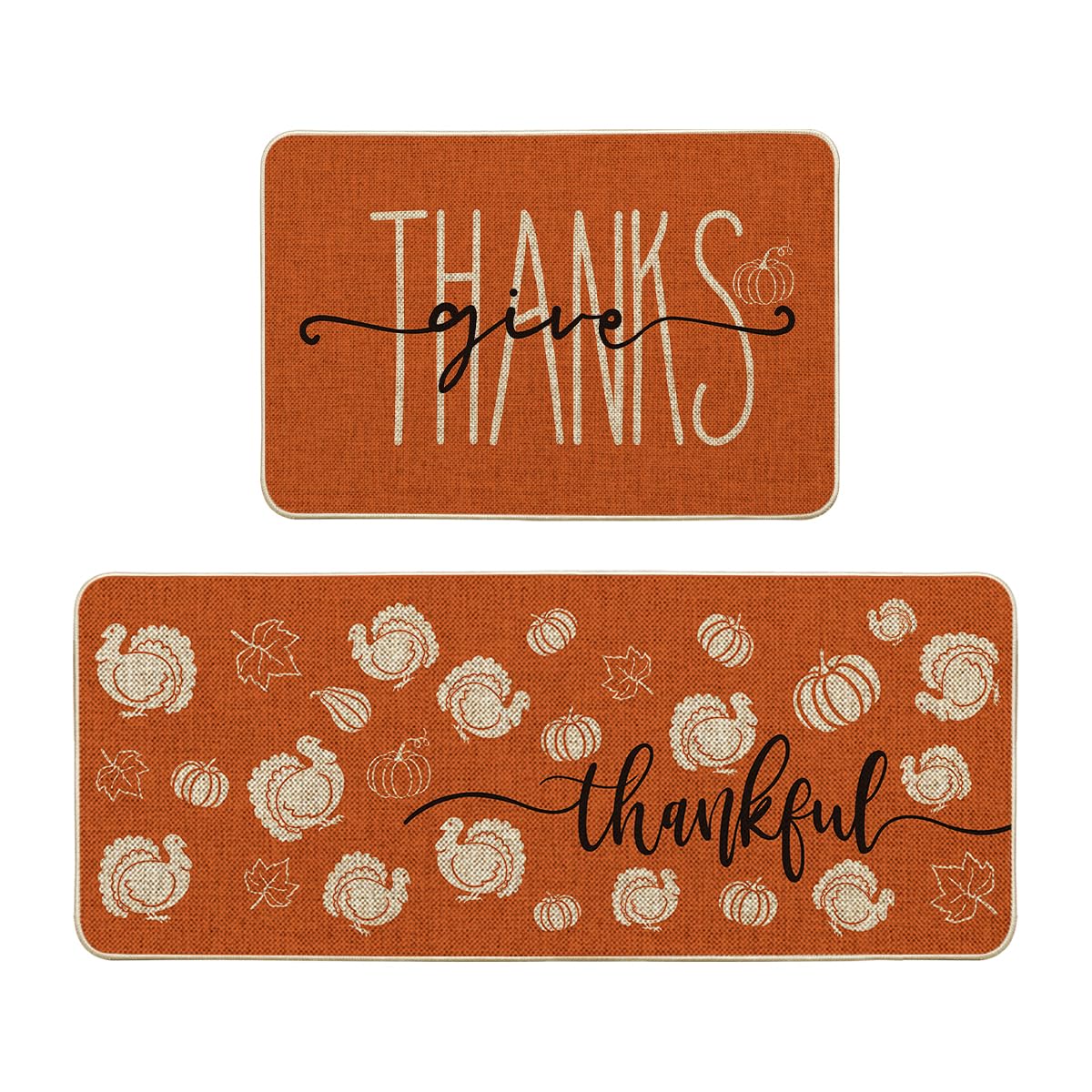 Artoid Mode Turkey Pumpkin Maple Leaves Thanksgiving Kitchen Mats Set of 2, Home Decor Low-Profile Kitchen Rugs for Floor - 24x35 and 24x59 Inch