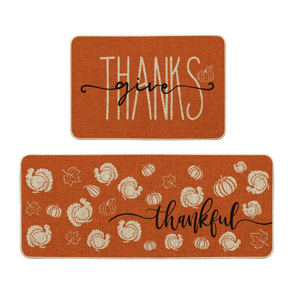 Artoid Mode Turkey Pumpkin Maple Leaves Thanksgiving Kitchen Mats Set of 2, Home Decor Low-Profile Kitchen Rugs for Floor - 24x35 and 24x59 Inch