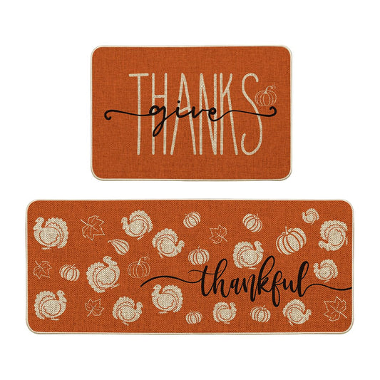Artoid Mode Turkey Pumpkin Maple Leaves Thanksgiving Kitchen Mats Set of 2, Home Decor Low-Profile Kitchen Rugs for Floor - 24x35 and 24x59 Inch