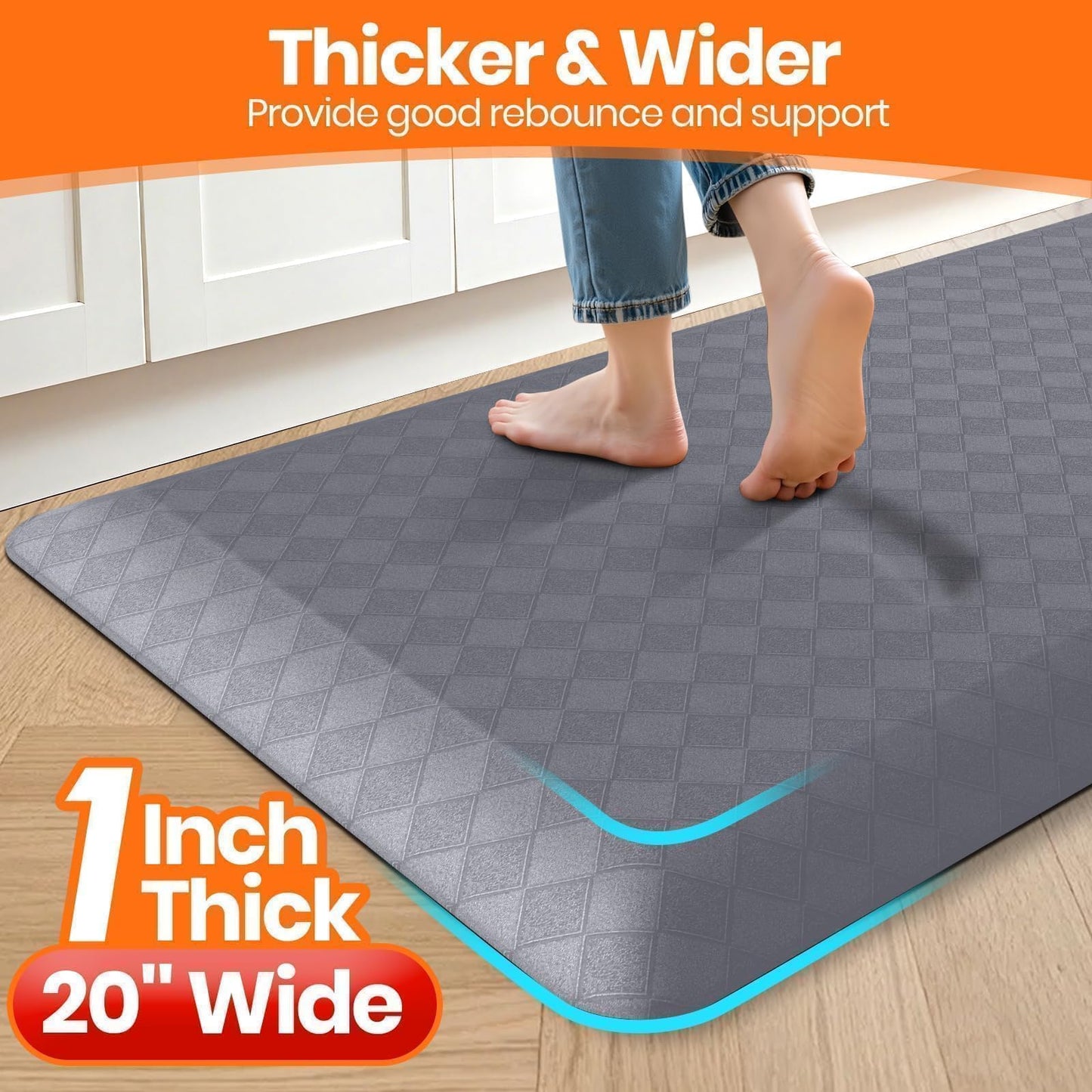 StepRite 1” Thick Kitchen Mats for Floor, Anti Fatigue Kitchen Rugs, Non-Slip,Heavy Duty Water Resistant Kitchen Rug, Standing Desk Mat for Friends, Family, Home, Kitchen, Office (39" x 20", Grey)