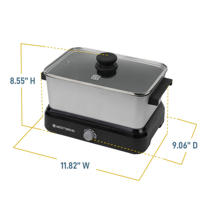 West Bend Versatility Slow Cooker Large Capacity Non-stick Cooking Vessel & Variable Temperature Heating Base Includes Travel Lid and Storage Bag, Range and Oven-Safe Cooking Pot, 5-Quart, Silver