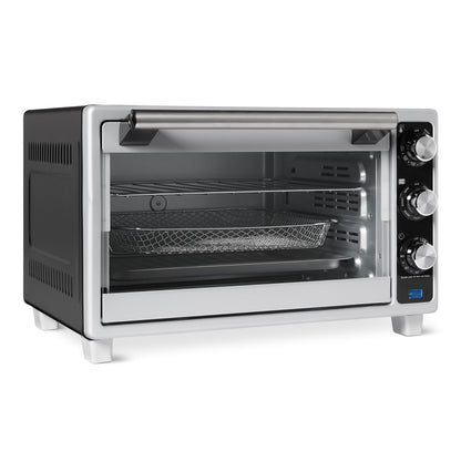 Amazon Basics 6-Slice 23-QT Toaster Oven with Built-In Air Fryer, 7-In-1 Cooking Options, 60-Min Timer & Adjustable Temperature (200°F - 450°F), With Accessories, 1500W, Stainless Steel, Silver/Gray