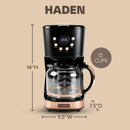 HADEN Coffee Machine, 12 Cup Programmable Drip Coffee Maker with Auto Shut-Off Function and Reusable Washable Water Filter, Black & Copper