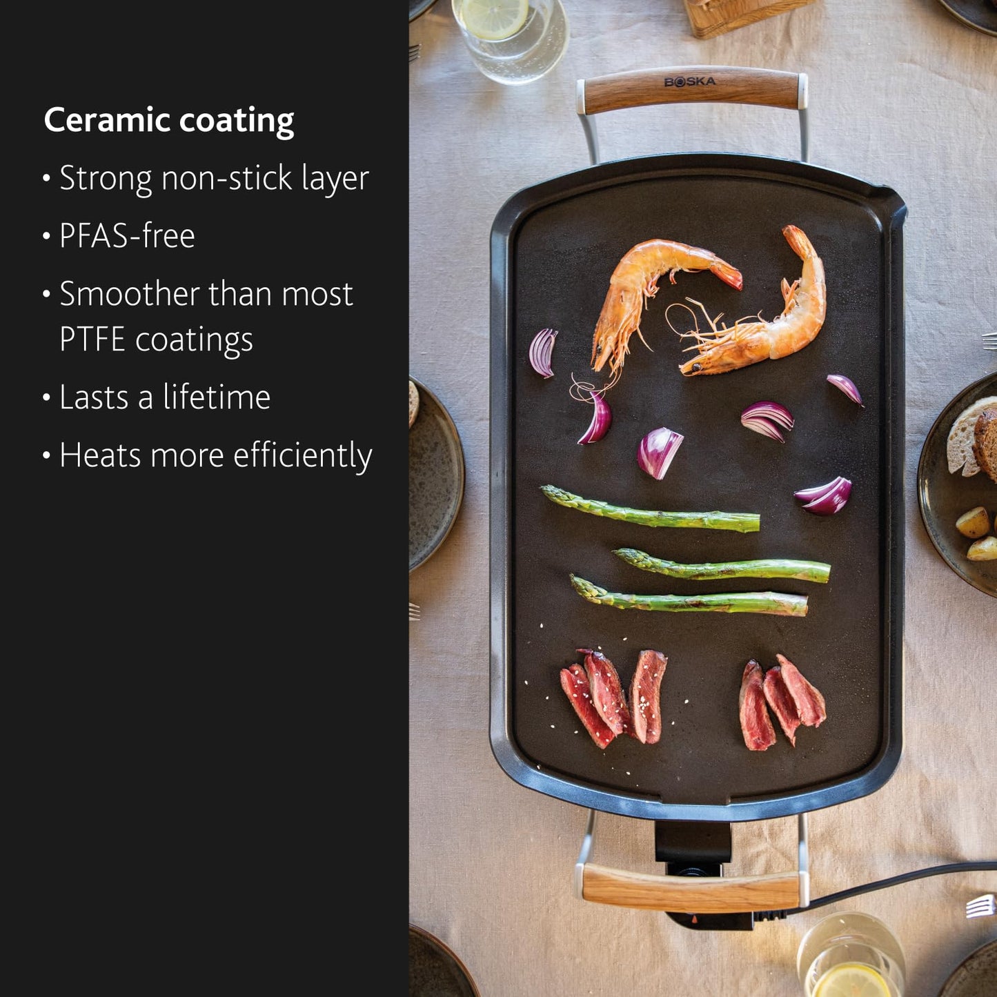 BOSKA Electric Griddle Pro – Tabletop griddle - Electric grill with PFAS-Free Ceramic Nonstick Surface – Adjustable Heat up to 420°F -Oak Wood Handles