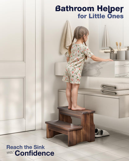 FANATU Wooden Two Step Stool, Heavy Duty 2-Step Ladder for Adults & Kids, Supports up to 450lbs for Kitchen, Bathroom or Bedside Use (Walnut Finish)