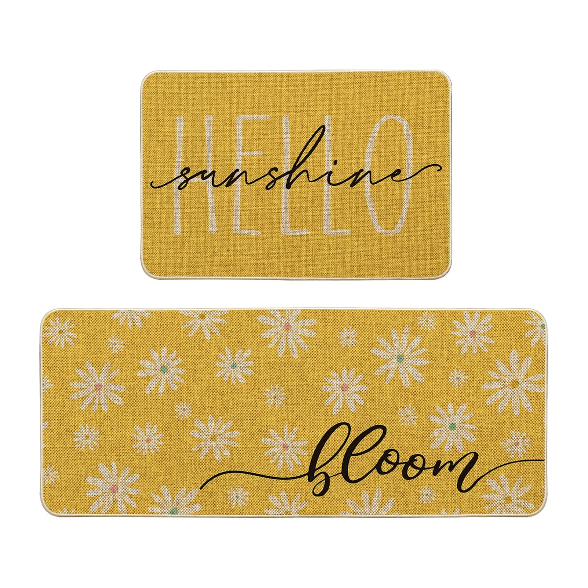 Artoid Mode Yellow Daisy Hello Sunshine Bloom Spring Kitchen Mats Set of 2, Home Decor Low-Profile Kitchen Rugs for Floor - 24x35 and 24x59 Inch