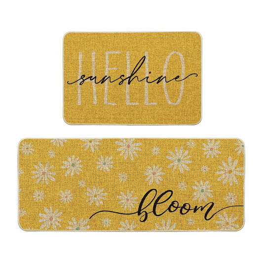 Artoid Mode Yellow Daisy Hello Sunshine Bloom Spring Kitchen Mats Set of 2, Home Decor Low-Profile Kitchen Rugs for Floor - 24x35 and 24x59 Inch