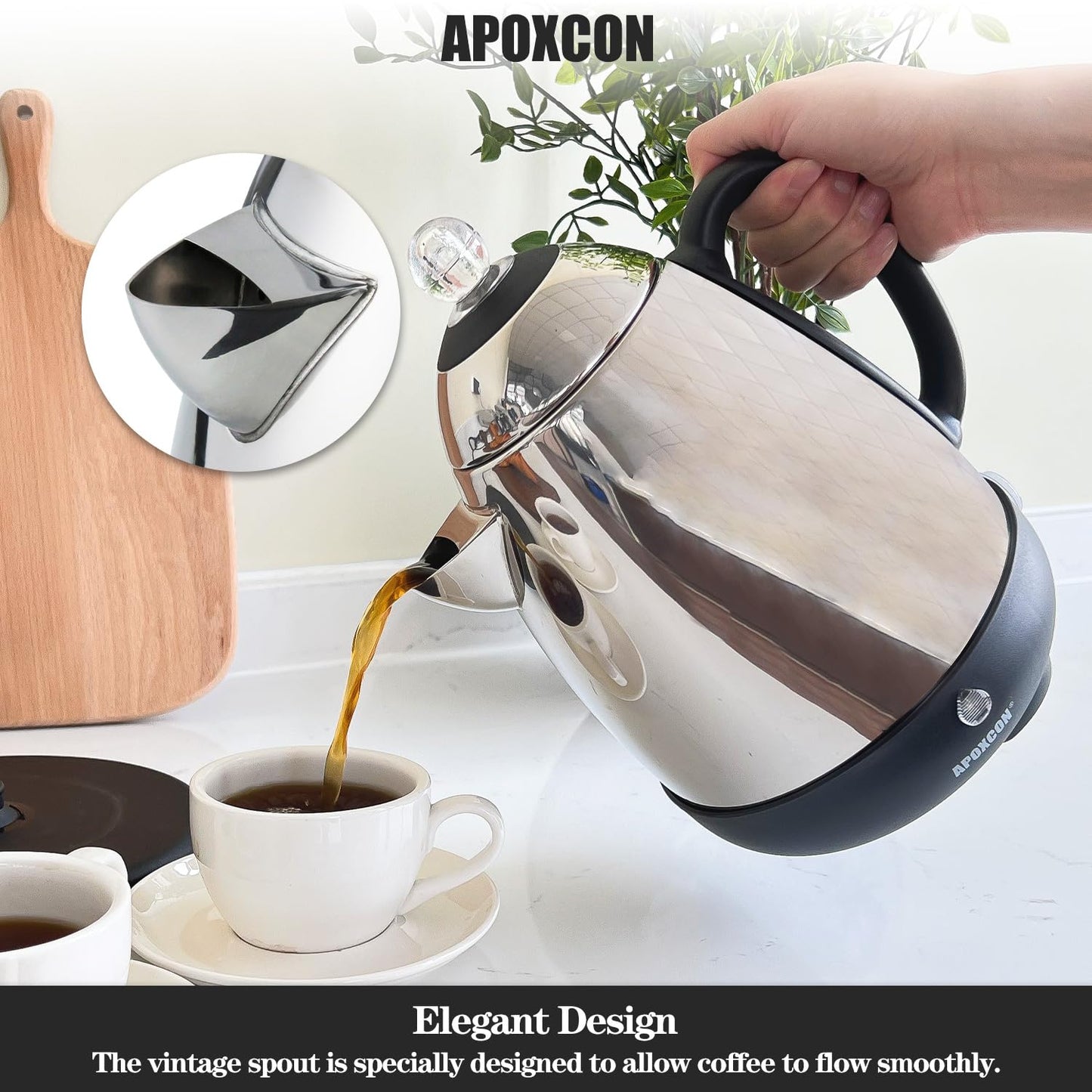 APOXCON Electric Coffee Percolator Stainless Steel Coffee Maker with Clear Brew Progress Knob and No-Drip Spout Auto Keep Warm & Cordless Serving Coffee pot with On/OFF Switch Fast Brew (10 Cup)