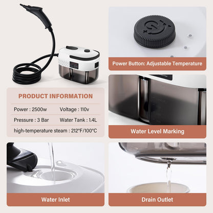 Lamberia Steam Cleaner with 12pcs Accessories, 2500W 1400ml 1.5 Quarts Tank, 3-Level Adjustable Portable Handheld Pressurized Steamer, 15s Heat-Up Steam Cleaner for Home, Car, Kitchen(White, US Plug)