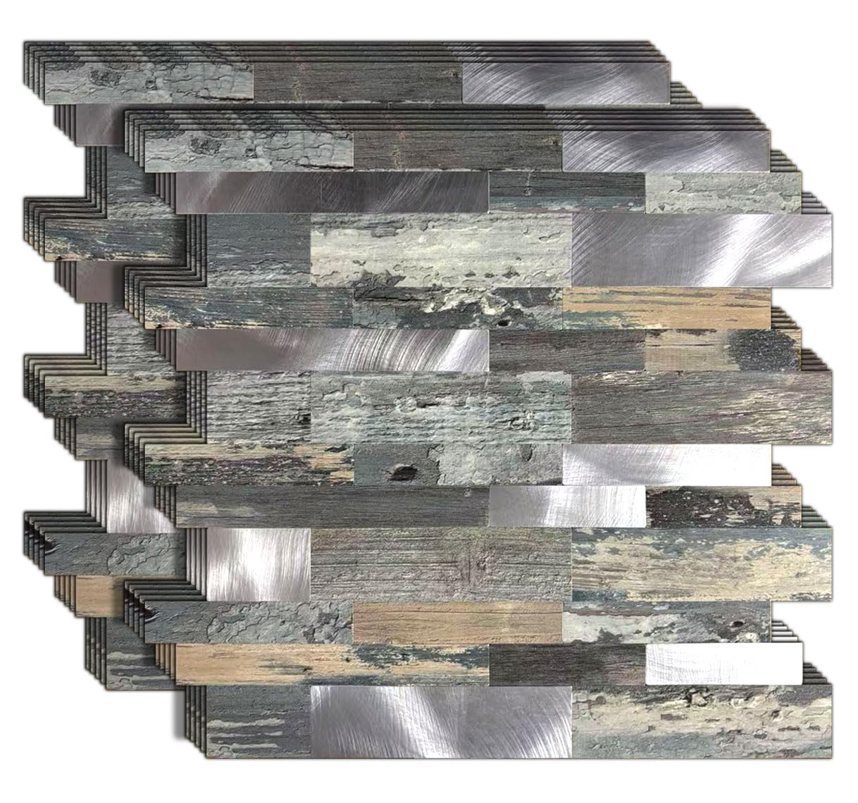 sanyeskkiy 10-Sheet Peel and Stick Backsplash Tile, PVC Mixed Meta,l Stick on Kitchen, Bathroom Vanities, Fireplace Décor, Laundry Table(11.2" X 12.7") (10, Wooden Green+Frosted Silver)