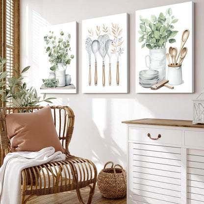 YFvrPt Sage Green Kitchen Wall Art Set of 3, Eucalyptus Leaves Plant Dining Room Painting Wall Decor, Boho Botanical Canvas Poster Print Farmhouse Pictures for Home Decoration Framed 16"x24"