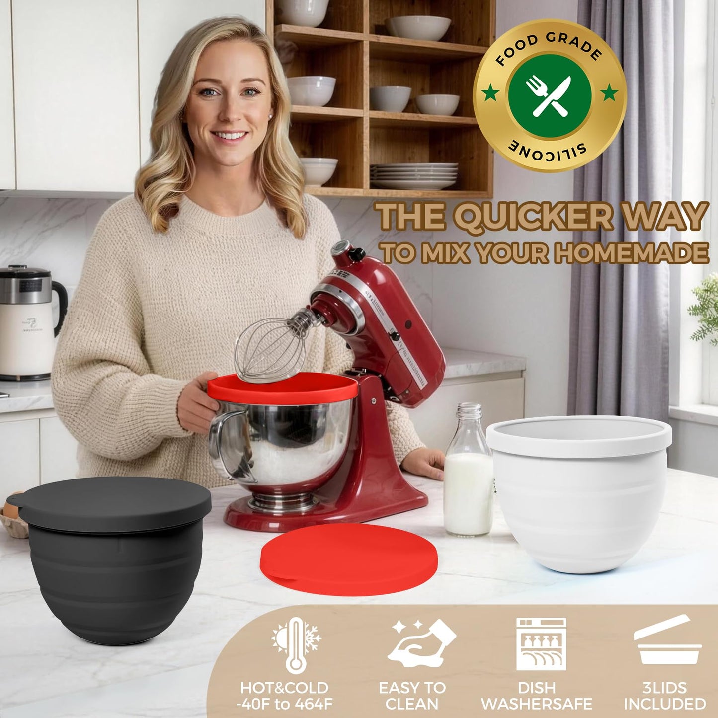 Forenee Collapsible Silicone Bowl Insert for KitchenAid 5-Qt Tilt-Head Mixer Bowl, Ultra-Thick Stable Liner, Raised Splash-Guard Rim, Easy-Release, Dishwasher Safe, Space-Saving 3-Pack for Home