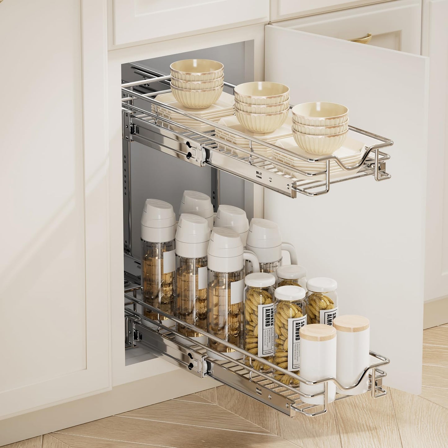 DINDON Pull Out Cabinet Organizer (7-1/2" W x 21-1/2"D), Cabinet Pull Out Shelves, 2 Tier Pull Out Drawers for Kitchen Cabinets, Wire Basket Slide Out Shelf for Cabinet Organization