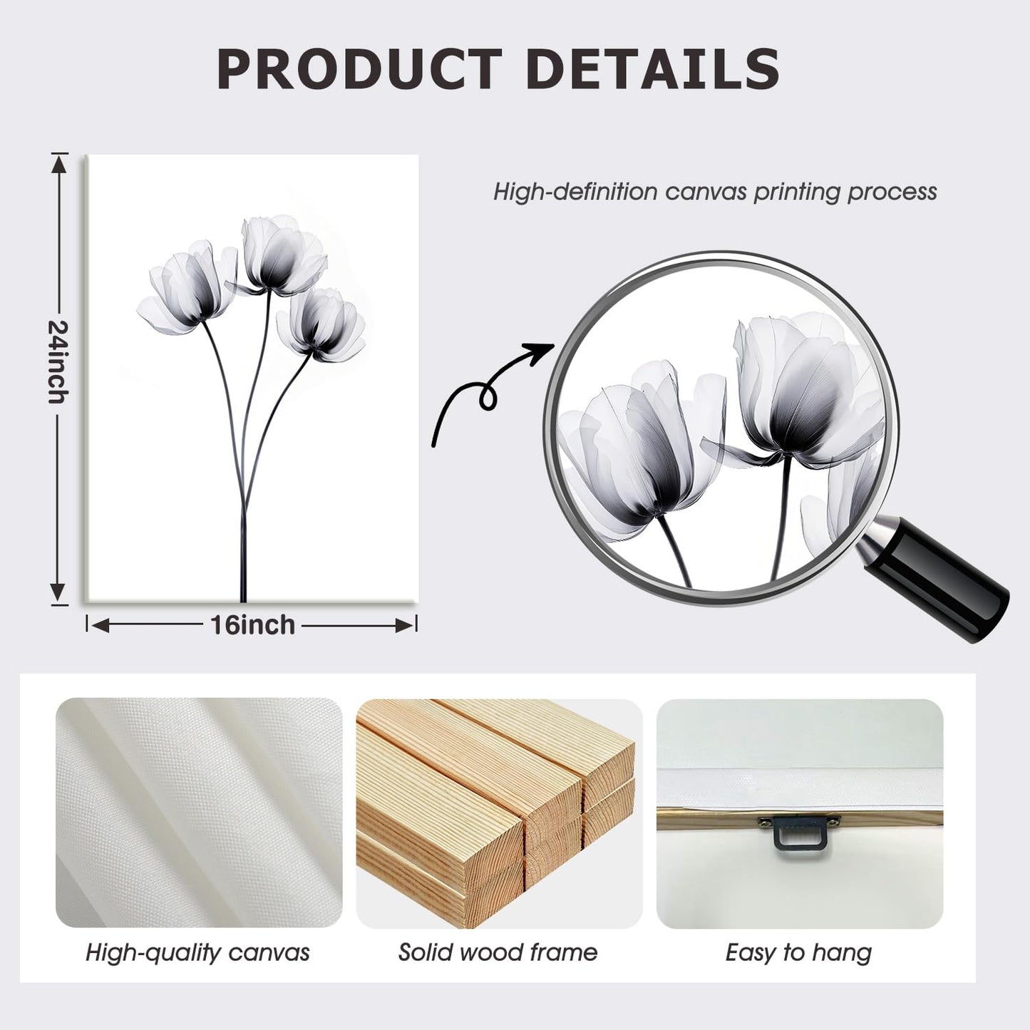 AUUAUU Minimalist Floral Wall Art Set of 2 Framed Black White Lily Flower Canvas Print 16x24 Inch Botanical Aesthetics Art Posters for Home Kitchen Living Room Bedroom Wall Decor