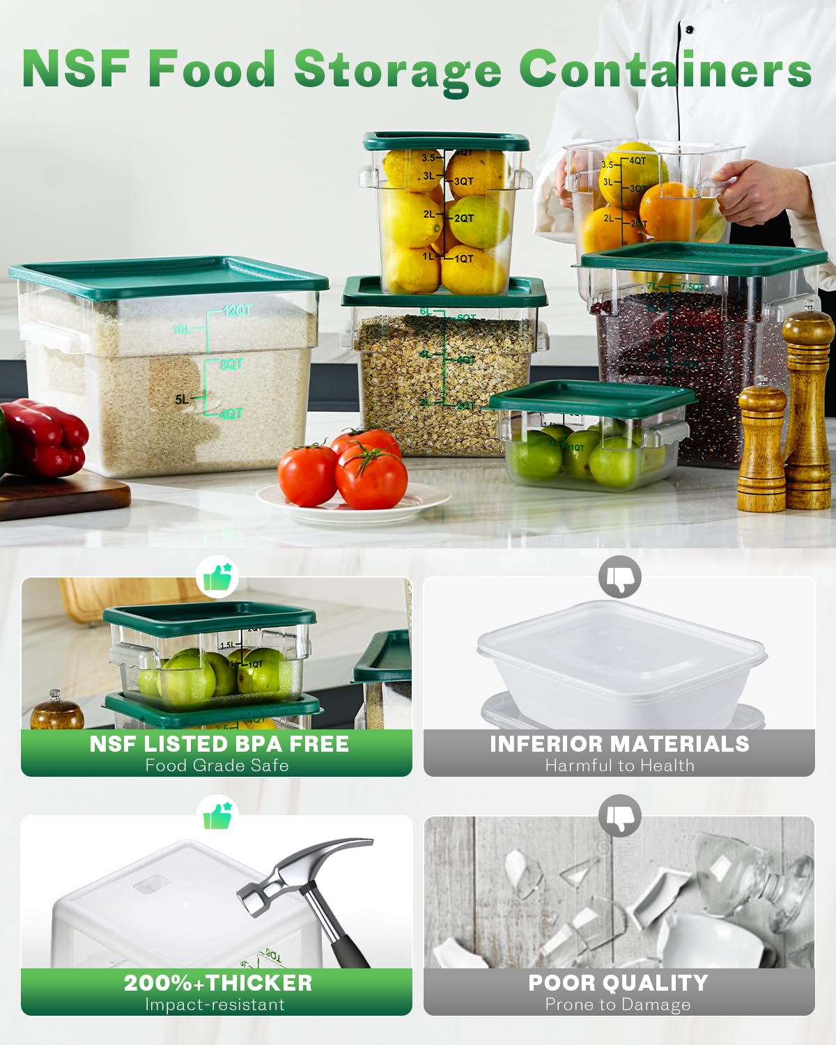SVKLHY 2QT&4QT NSF Food Storage Containers: 8 PCS[Food Grade] [Hot&Cold Resistant] Commercial Clear Square Food Storage Containers with Scales Handles for Home Restaurant Kitchen(BPA FREE)