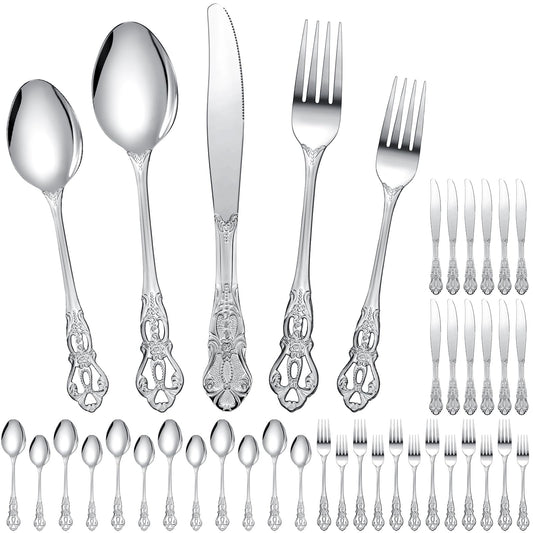 Dandat 60 Pcs Silver Stainless Steel Flatware Set, Retro Vintage Silverware with Forks Spoons Knives Mirror Polished Cutlery Set for Valentine's Day Wedding Kitchen Home Restaurant