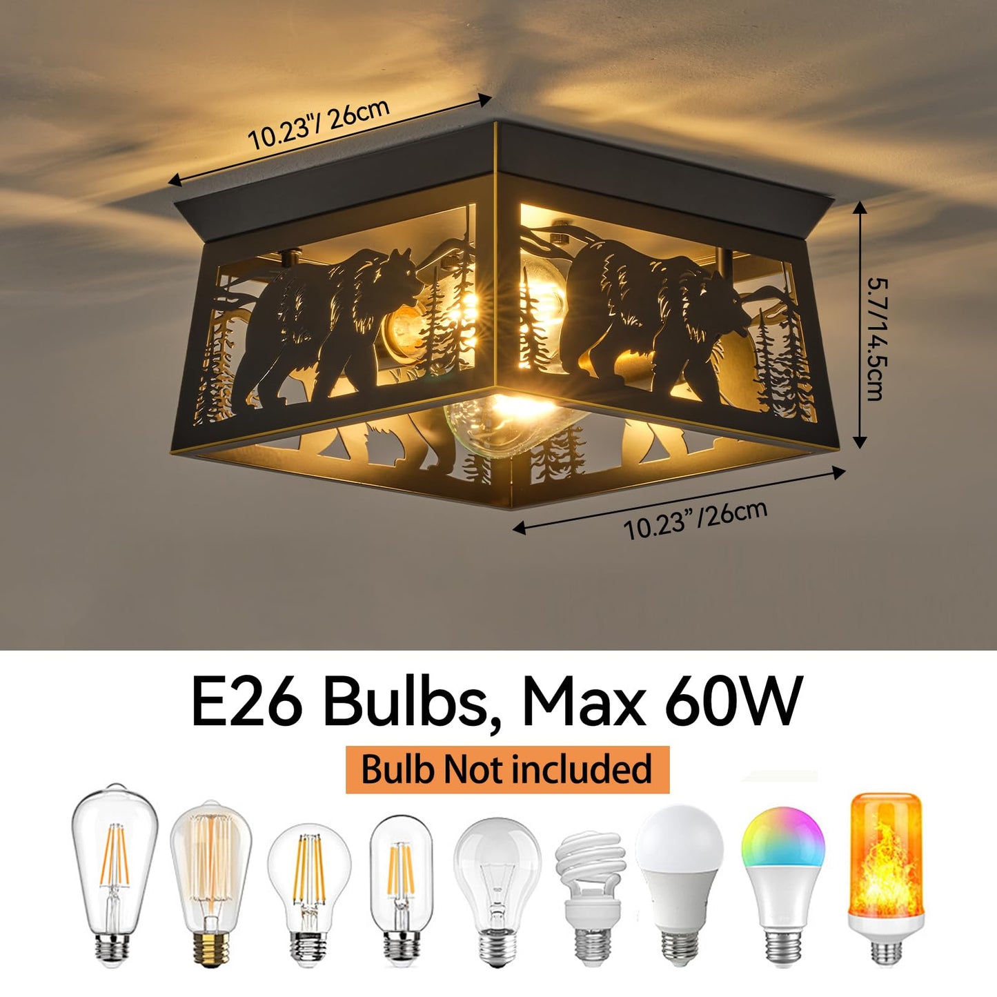 Rustic Bear & Tree Flush Mount Ceiling Light, 2-Light Black Metal Farmhouse Cage Fixture, Vintage Industrial Forest Wildlife Lodge Cabin Lighting for Entryway, Hallway, Kitchen, Bedroom, E26 Base
