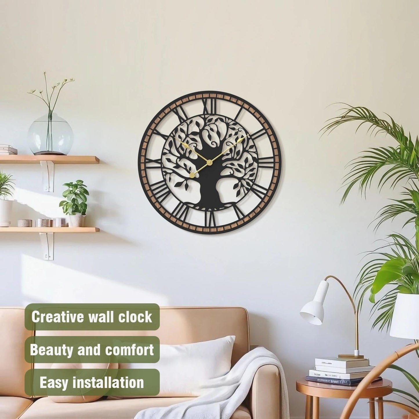 Micasso Wall Clocks Battery Operated: 15Inch Farmhouse Tree of Life Metal with Wood Frame - Rustic Roman Numerals Clock for Living Room/Office/Bedroom/Kitchen - Home Decor for Fashion-Conscious
