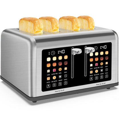 4 Slice Toaster Touch Screen, Stainless Steel Toasters Digital Timer, Dual Control Panel Toasters, 8 Shade Settings 6 Bread Types for Bagel, Cancel, Defrost 1650W