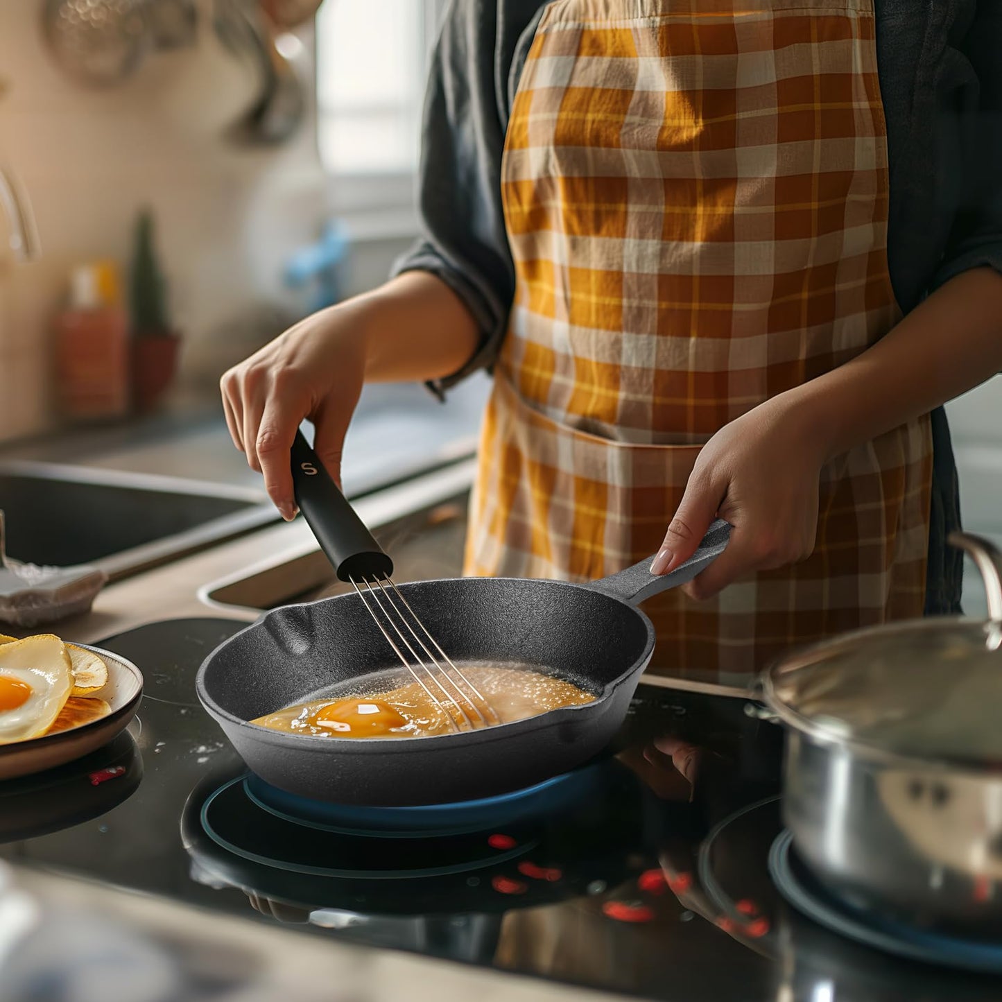 Vesici 5 Pcs Cast Iron Skillet Frying Pans with Drip-spouts Circle Non-stick Frying Skillet Omelette Pan Safe Healthy Cookware for Home Barbecue Kitchen Party Restaurant Catering Service (Mixed Size)