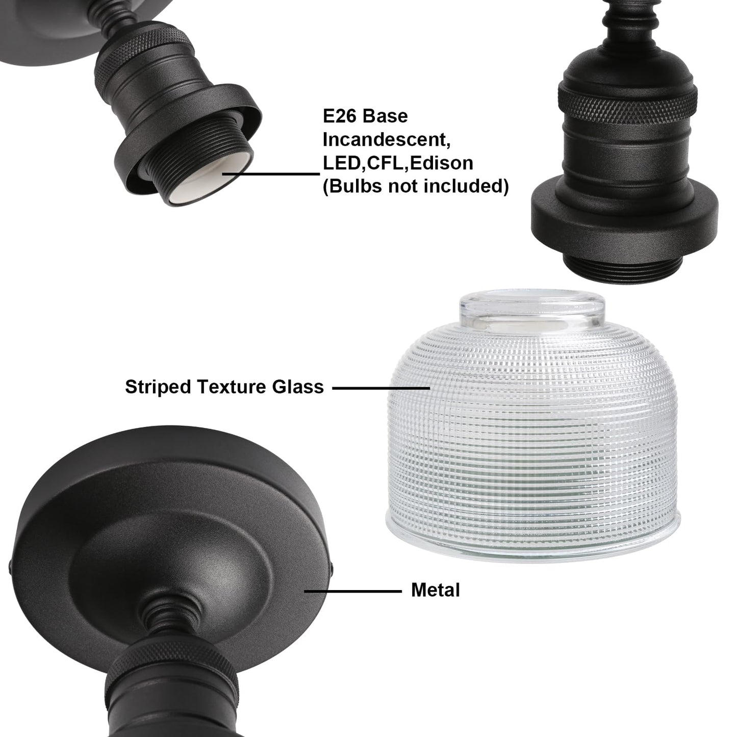 Yosoan Indoor Vintage Ceiling Light with Striped Shade, 1-Light Hardwired Modern Vanity Light Industrial Semi Flush Mount Ceiling Lamp Bowl Texture Glass for Kitchen Hallway(Black)