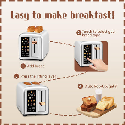 SEEDEEM Toaster 2 Slice with Touch Screen, Faster Heating Speed, 7 Shade Setting, 6 Bread Type, 1.5”Wide Slots Toaster, Removable Crumb Tray, 1350W, Silver Metallic