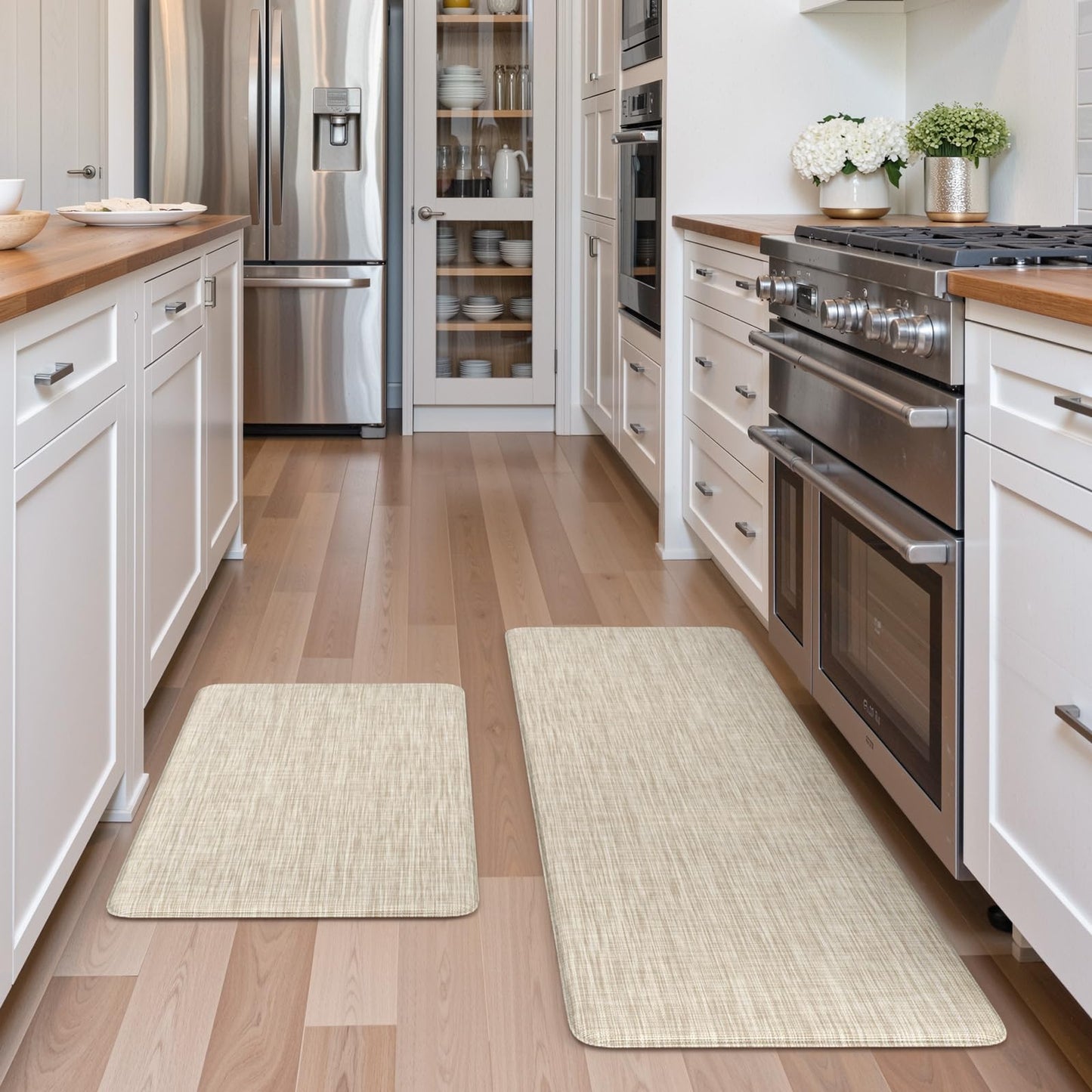 Collive Kitchen Mats for Floor 2PCS, Cushioned Anti Fatigue Rugs Non Slip Waterproof Kitchen Sink Mat, Memory Foam Comfort Standing Mats for Desk, Office, Home Decor, 20" x 47" + 20" x 32", Beige