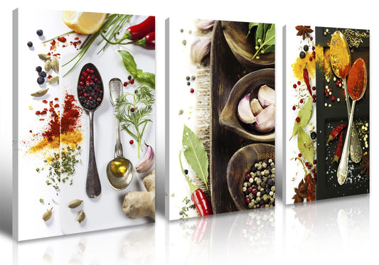 DJSYLIFE Kitchen Decor Spices Seasonings Wall Art, 3 Piece Colorful Kitchen Canvas Painting Prints, Modern Dining Room Pictures Wall Decor, Home Artwork Framed Ready to Hang, Set of 3 (16x24 inch)