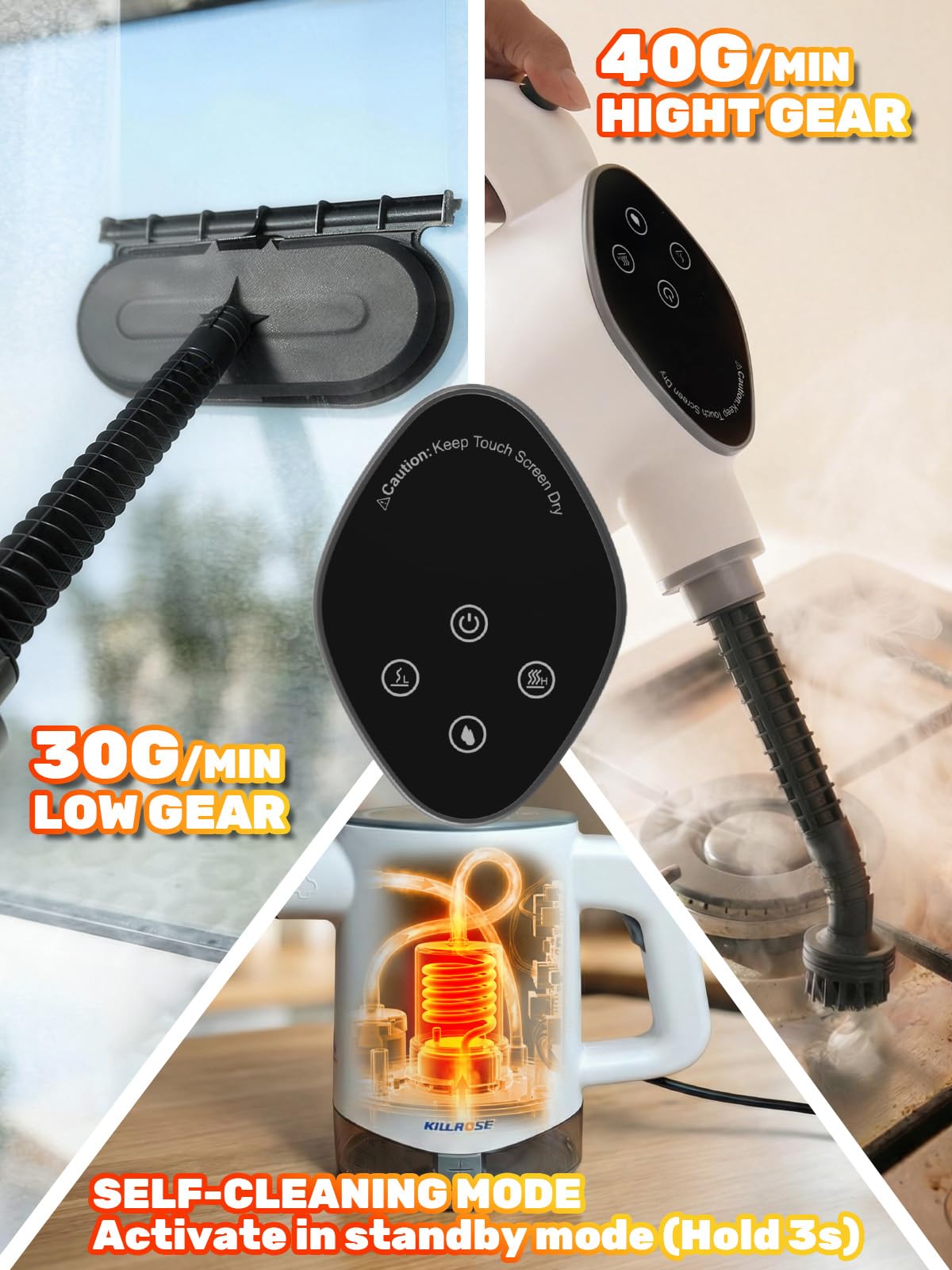 Killrose Handheld Steam Cleaner, Pressurized Steam Cleaner with 10–15s Fast Heat, Dual Power Modes & Self-Clean, Multi-Surface Steamer with 12 Accessories for Kitchen, Bathroom
