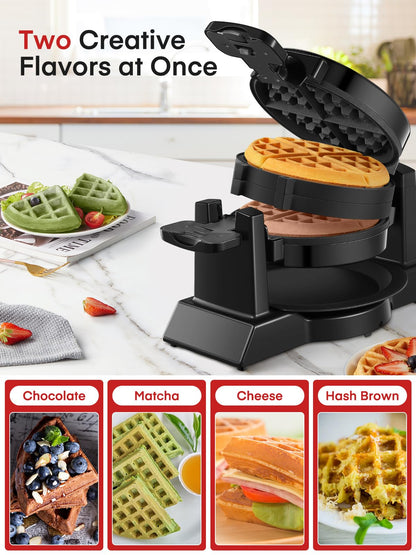 Waffle Maker, 1400W Double Belgian Waffle Iron 180° Flip, 8 Slices in 3 Mins, Rotating & Nonstick Plates, Anti-Scald, Removable Drip Tray Easy to Clean, Cool Touch Handle, Space-Saving Storage(Black)