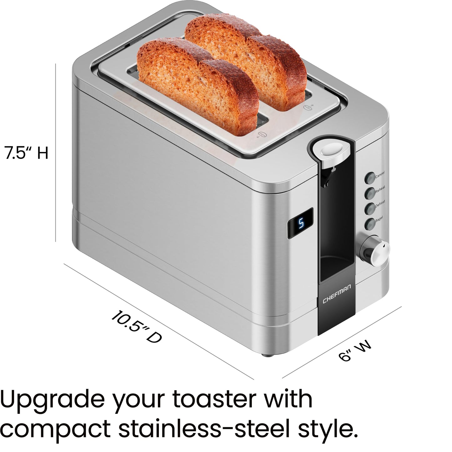 Chefman 2-Slice Digital Toaster, Extra-Wide Slots, Bagel, Defrost & Reheat Functions, Stainless Steel