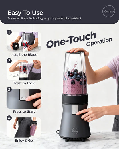 iCucina Smoothie Blender, Personal Blender for Shakes and Smoothies, 700W Pulse Technology Single Serve Blenders with 2 x 28oz Protable Cups for Ice Crush, Frozen Fruit Drinks