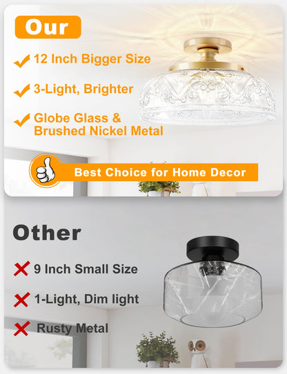 Slypadan Semi Flush Mount Ceiling Light, 12 Inch Large Gold Ceiling Light Fixture, 3-Light Globe Glass Farmhouse Kitchen Lighting Fixtures for Bathroom, Hallway, Dining Room (Bulb Not Included)