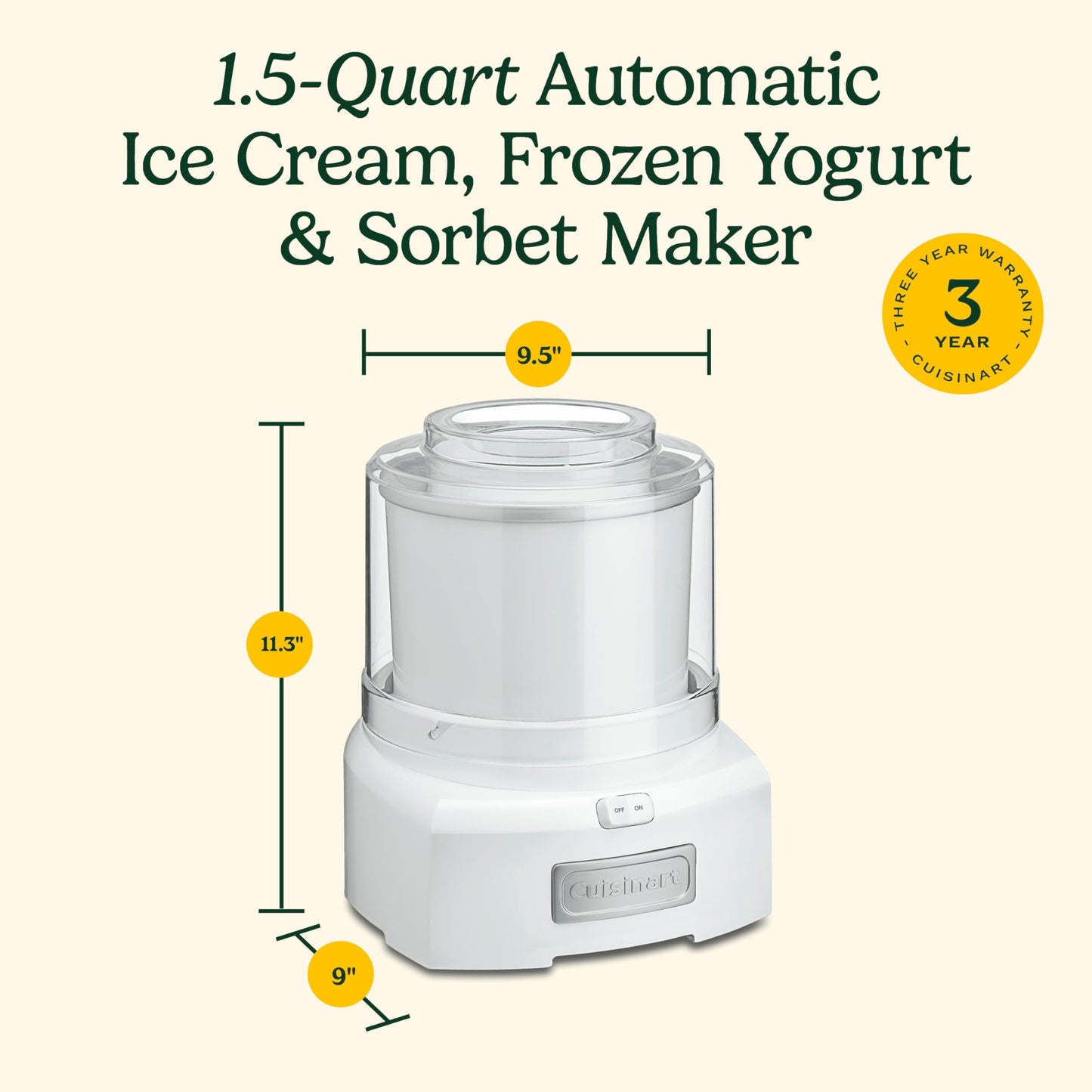 Cuisinart Ice Cream Maker, 1.5 Quart Double Insulated, Sorbet and Frozen Yogurt Maker, Ready in 20 Minutes, ICE-21P1, White