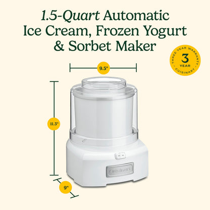 Cuisinart Ice Cream Maker, 1.5 Quart Double Insulated, Sorbet and Frozen Yogurt Maker, Ready in 20 Minutes, ICE-21P1, White