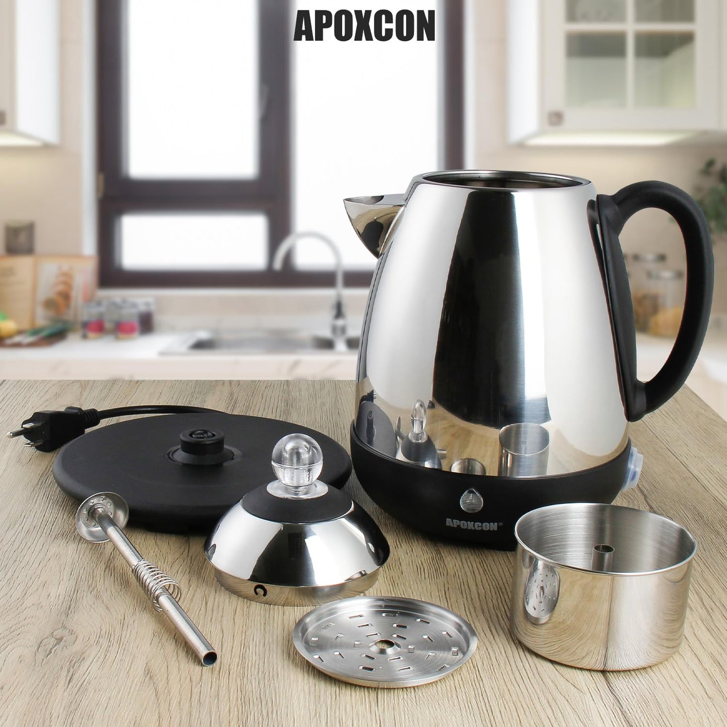 APOXCON Electric Coffee Percolator Stainless Steel Coffee Maker with Clear Brew Progress Knob and No-Drip Spout Auto Keep Warm & Cordless Serving Coffee pot with On/OFF Switch Fast Brew (10 Cup)