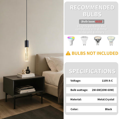 JULiN HOME Black Pendant Lights Kitchen Island, Crystal Bubble Pendant Lights, Adjustable Modern Pendant Light Fixtures for Dining Living Room Bedroom 3 Pack