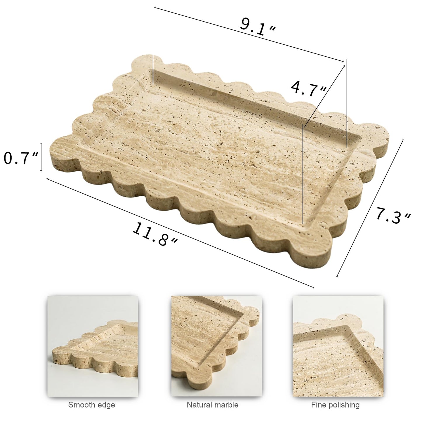 Natural 100% Marble Vanity Tray Luxury Scalloped Marble Storage Rectangle Italian Travertine Tray for Home Decor Stone Tray for Bathroom/Kitchen/Candle Key (Rectangle-11.8 * 7.4-Beige Travertine)