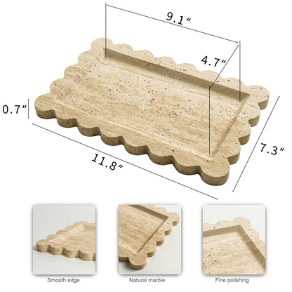 Natural 100% Marble Vanity Tray Luxury Scalloped Marble Storage Rectangle Italian Travertine Tray for Home Decor Stone Tray for Bathroom/Kitchen/Candle Key (Rectangle-11.8 * 7.4-Beige Travertine)