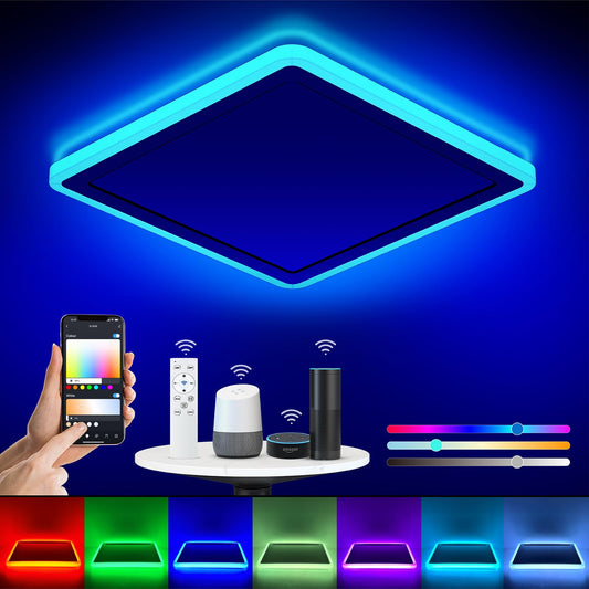 Annaror Smart LED Ceiling Light WiFi, 13in RGB Flush Mount Lighting Fixture with Remote, Compatible with Alexa Google Home, Low Profile Ceiling Light for Bedroom, Kitchen, Square White