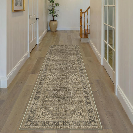 WondRg 3x8 Washable Runner Rug Brown Vintage Non Slip Soft Low Pile Hallway Kitchen Rug Distressed Oriental Carpet for Laundry Bathroom Bedroom Living Room Home Decor
