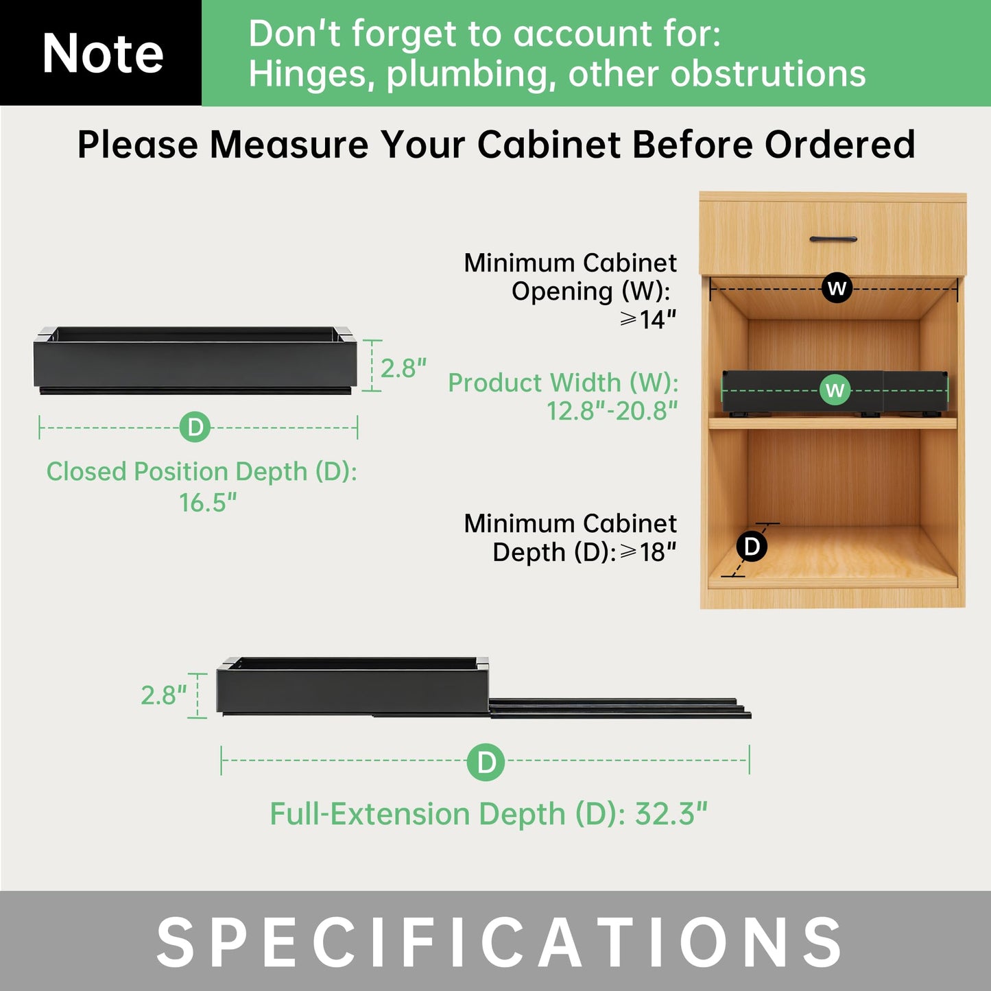 Pull out Cabinet Organizer, 1 pack, 16.5" Deep Heavy Slide out Drawers, Upgrade Three Triple-Slide Rail Systems, Expandable 12.8"-20.8" Roll out Shelf Storage for Kitchen Base Cabinet Organization