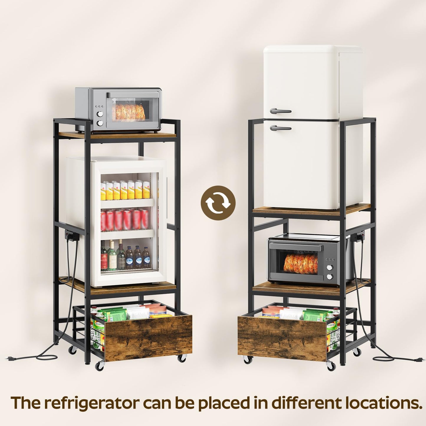 YATINEY Mini Fridge Stand with Movable Drawer, Microwave Stand with Power Outlet, Mini Fridge Shelf with Adjustable Shelves, Kitchen Bakers Rack for Dorm, Dining Room, Home, Rustic Brown HB05UBR