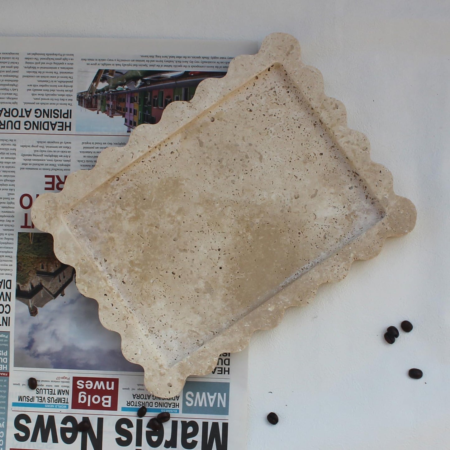 Natural Luxury Scalloped Marble Tray 10.8"x8", Rectangle Vanity Tray for Bathroom Kitchen Counter, Decorative Tray for Dresser Home Decor - Beige Travertine