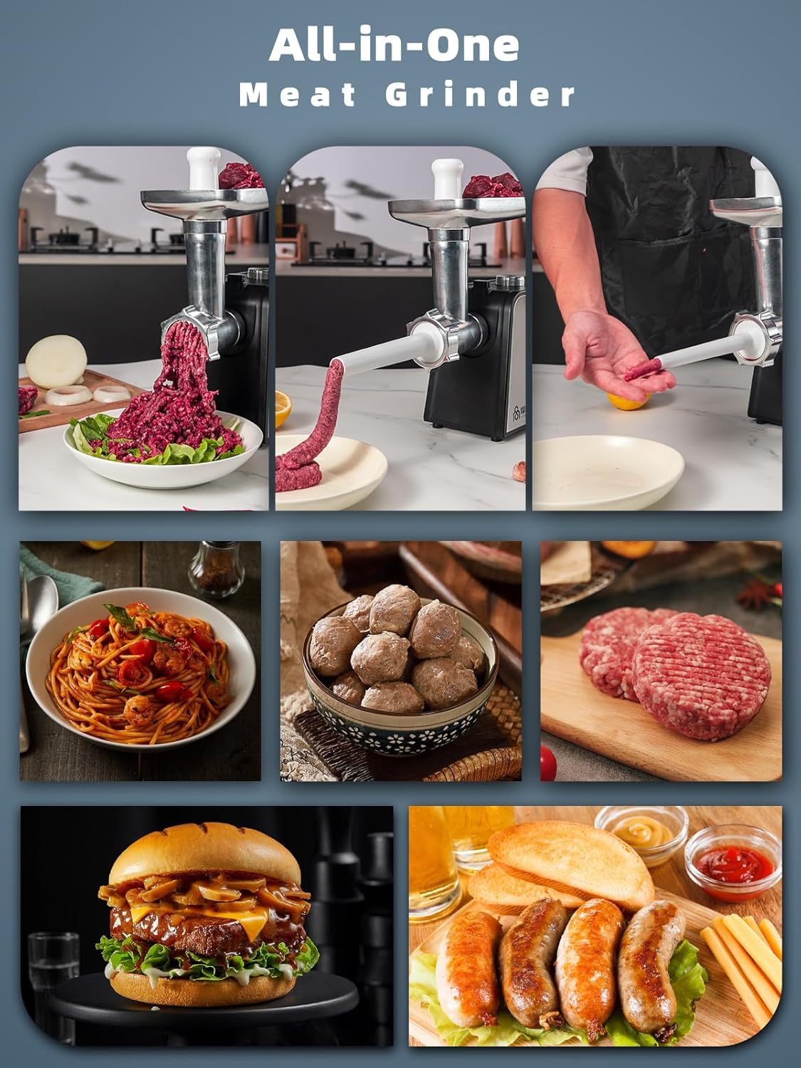 Oaomi 3200W Max Electric Meat Grinder & Sausage Stuffer - Mincer Machine with Tool 2 Blade And 3 Plates, 3 Tubes & Kubbe Kit Tool for Home Kitchen Use（Black）