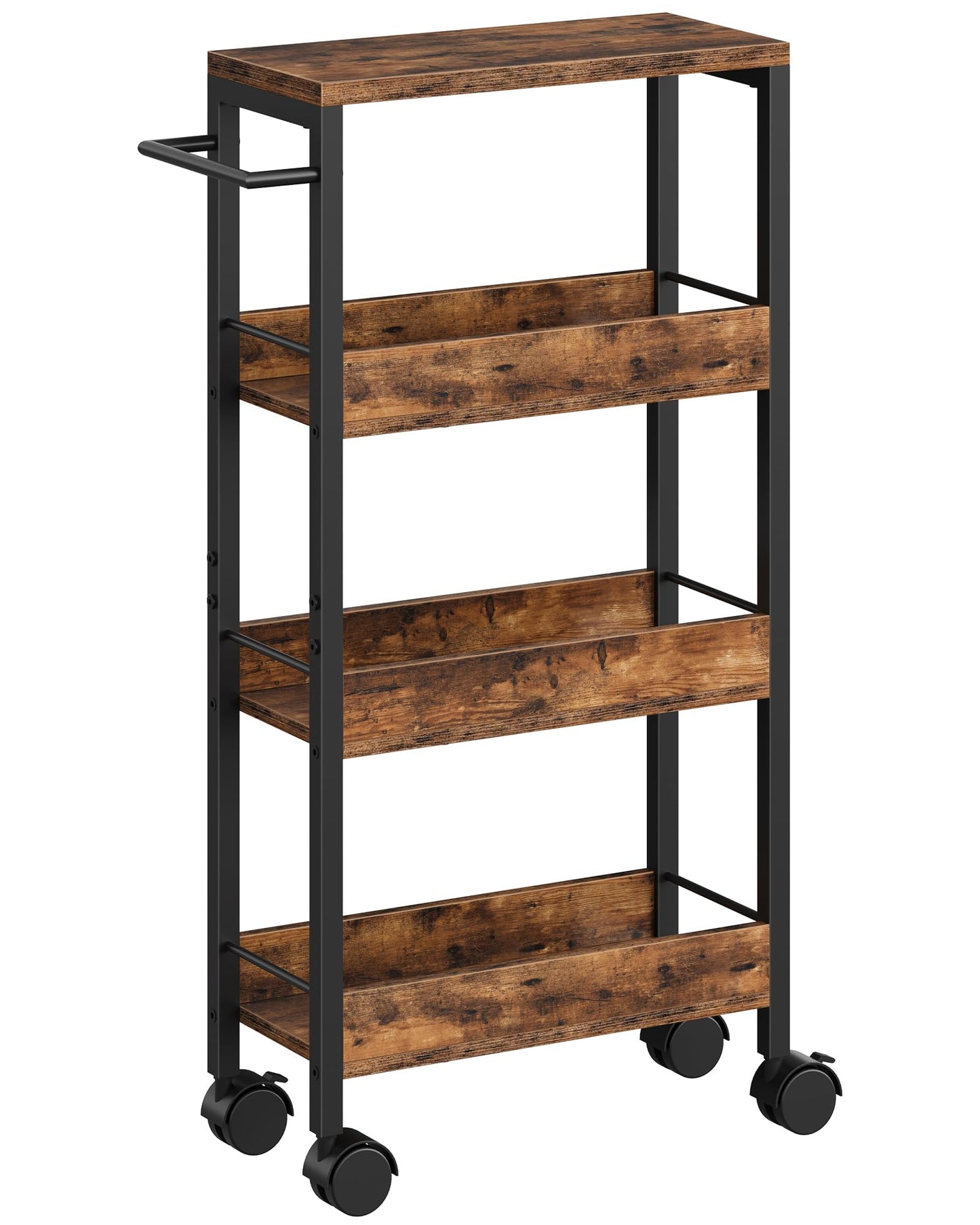 CHOEZON 4-Tier Slim Storage Cart, 7.1'' Kitchen Serving Trolley, Slim Rolling Cart with Handle and Guard Rails, Slim Cabinet for Small Spaces, for Dining Room, Rustic Brown and Black TTC02BF