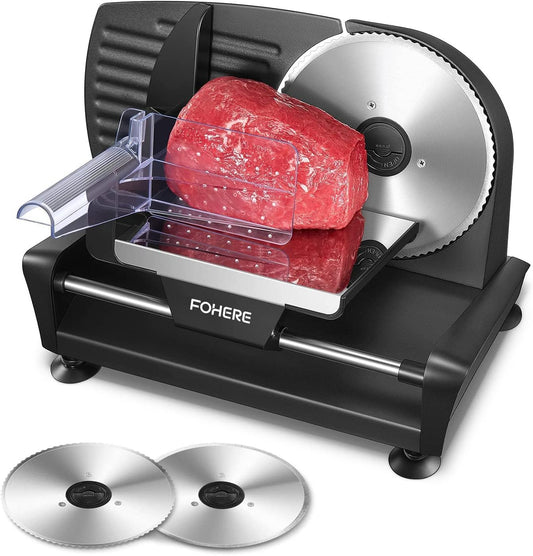 FOHERE Electric Meat Slicer 200W Deli Slicer for Home with Removable Two 7.5” Blades, 0-15mm Precision Thickness Adjustment Knob Cut Deli Food, Meat Ham Bread Fruit, Include Food Carriage, Black